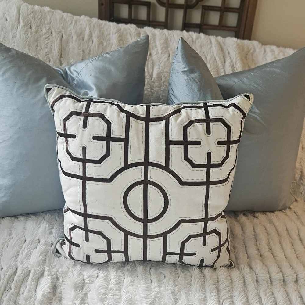 Set Of Three Geometric Reversible Pillow &Two Blue Silk Throw Pillows Beautiful
